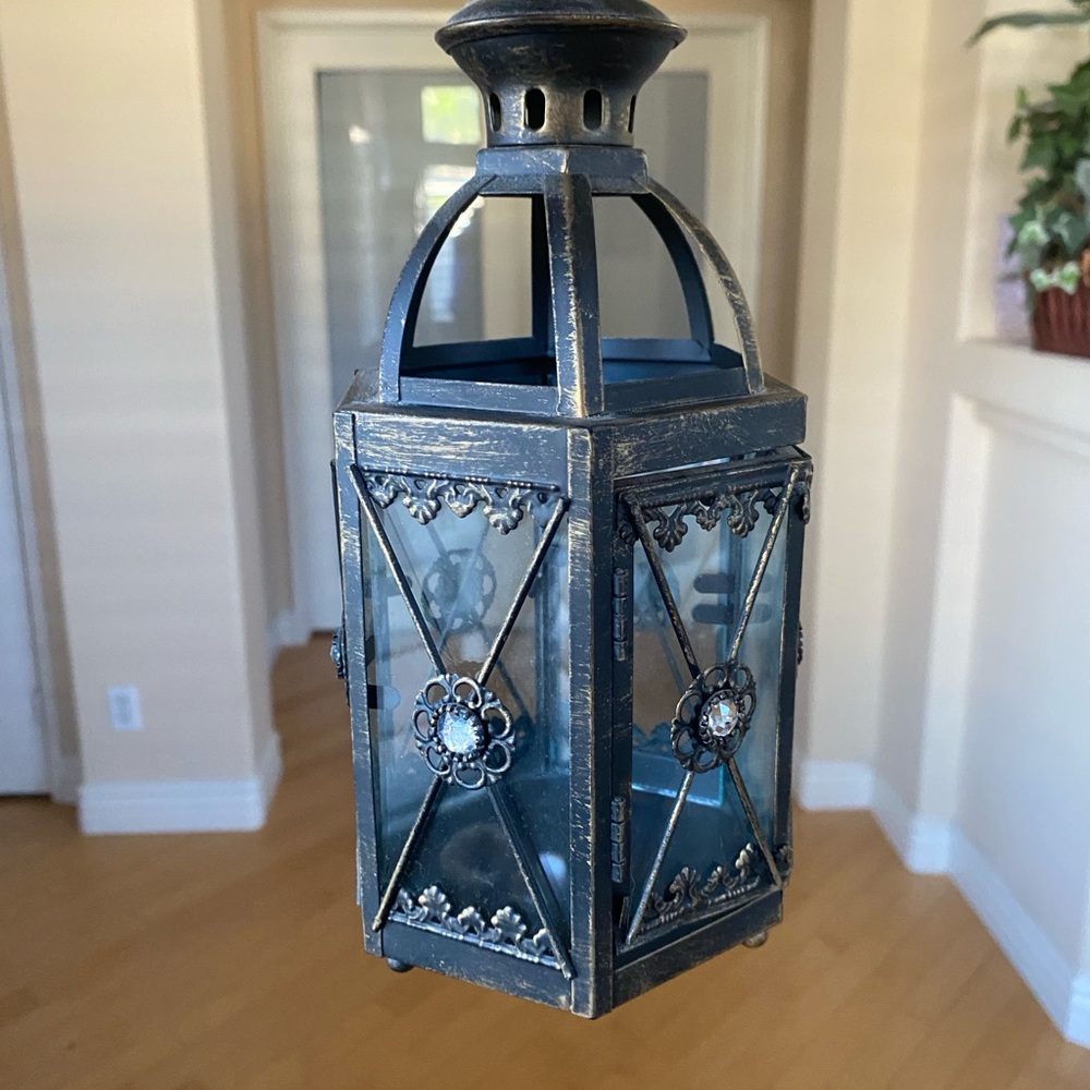 Vintage Candle Holder Black and Gold Lantern With Embellishment